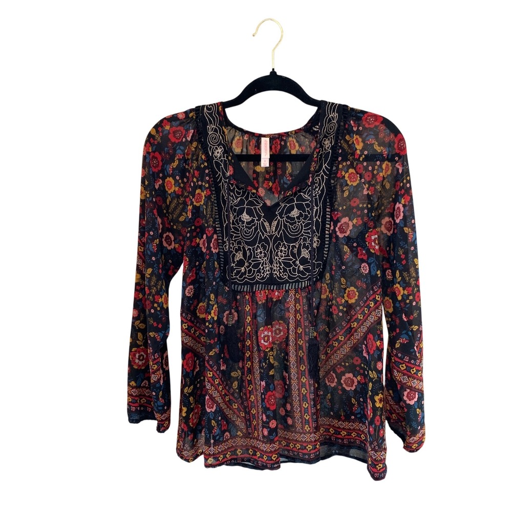Floral Bohemian Embroidered Multi Color Peasant‎ Blouse L/S Festival Top Size SM